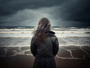 Woman or person is standing at the beach and watching the stormy coastal weather created with Generative AI