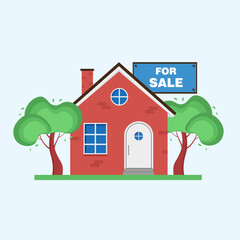 House for sale with information sign. House with trees. Vector illustration in flat cartoon style.