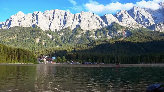 GARMISCH-PARTENKIRCHEN, GERMANY &ndash; September 03 2020: A panoramic view of the Eibsee and the Zugspitze in Bavaria, Germany.