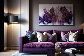 closeup of modern living room with sofa in purple