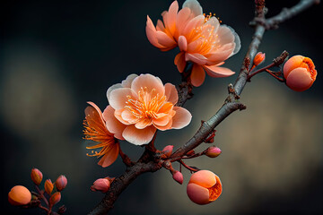 Closeup of spring apricot blossom flower on dark bokeh background.