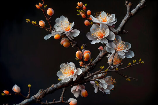 Closeup of spring blossom flower on dark bokeh background. Macro cherry blossom tree branch