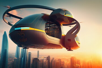 Passenger Autonomous Aerial Vehicle AAV in futuristic city. Generative AI.