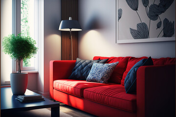 closeup of modern living room with sofa in red