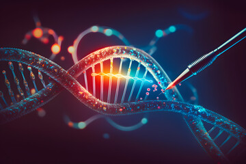Separation of the cleavage of a DNA site on the example of an abstract model on a red-blue color background. Generative AI