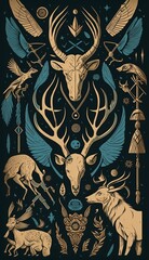 Vertical illustration poster of mythological animals and nature. Generative AI.
