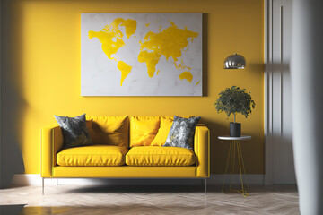 closeup of modern living room with sofa in yellow