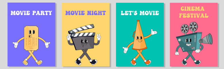 Groovy ticket, megaphone, slate board, retro camera. Cute cartoon characters with hands, legs, eyes. Cinema, movie theater, cinematography, movie watching concept. Hand drawn Vector illustration