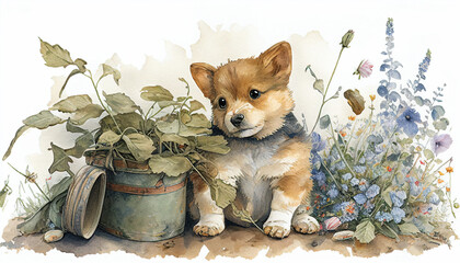 Puppy in a fairy tale drawn by watercolor generated by AI