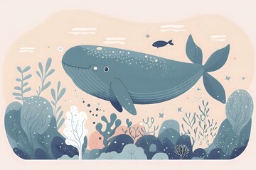 cute ocean scenery with a whale, illustation vector, Generative AI