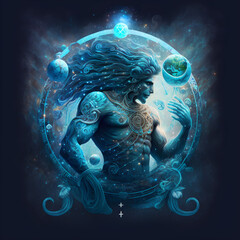 Man Aquarius Horoscope Sign. Ai Generated Illustration. Outer Space Background. Lunar Zodiac.