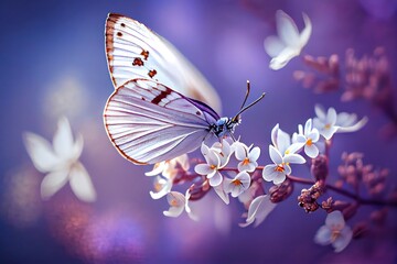 Beautiful Butterfly on White Flowers background. Created with Generative AI Technology © EzhmaStudio