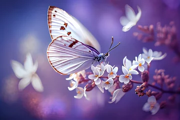 Beautiful Butterfly on White Flowers background. Created with Generative AI Technology © EzhmaStudio