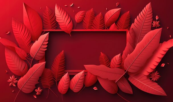  a red frame surrounded by red leaves on a red background.  generative ai