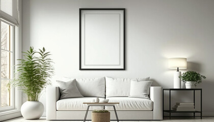 mockup poster frame in modern interior background, living room, Scandinavian style, Generative ai