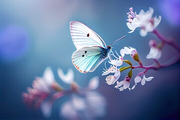 Beautiful Butterfly on White Flowers background. Created with Generative AI Technology