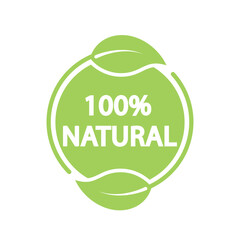 Natural leaf icon. 100% naturals vector, label.