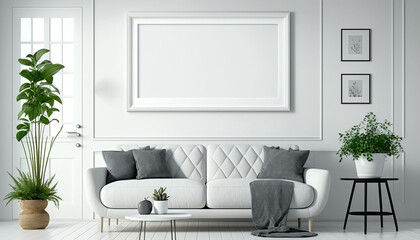 Obraz na płótnie Canvas mockup poster frame in modern interior background, living room, Scandinavian style, Generative ai