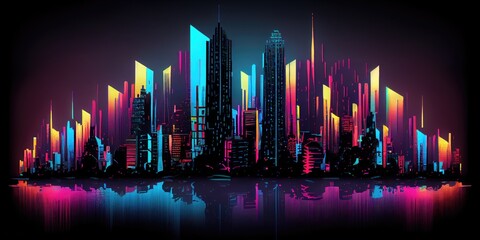 Neon city skyline, impressionism. City of Lights. Generative AI.