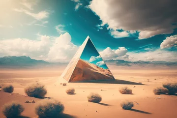 Foto auf Acrylglas Surreal desert landscape with mirror triangle, blue sky. minimal abstract background. ai generative © Svetlana