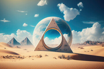 Surreal desert landscape with triangle, circle, blue sky. minimal abstract background. ai generative