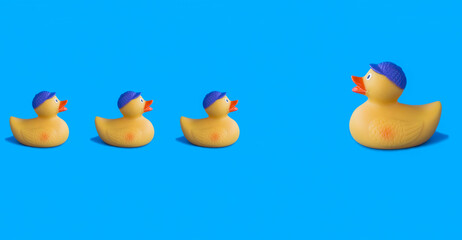 Yellow toy duckling for bathing on the blue background. Close-up. Copy space.