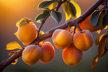 Apricots ripen on a tree branch. AI generated