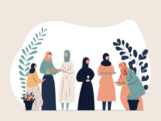 Group of Muslim Women Characters Having Iftar On Beige And White Background With Copy Space.