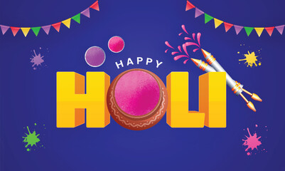 Happy Holi Celebration Concept With Color Powder (Gulal) Pots, Water Guns (Pichkari) On Bunting Flags Decorated Blue Background.