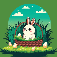 Illustration Of Cute Rabbit Character Inside Basket With Easter Eggs On Grassland With Clouds Against Green Background. Happy Easter Day Concept.