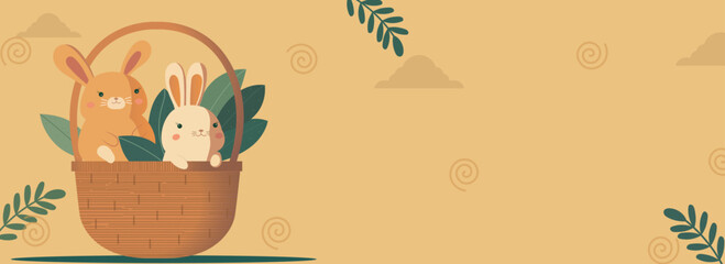 Illustration of Cute Baby Rabbits Character Inside Basket With Leaves And Clouds Against Pastel Orange Background And Copy Space.
