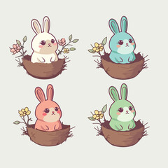 Obraz premium Set Of Vintage Style Cute Bunny Character In Straw Nest. Easter Day Concept.