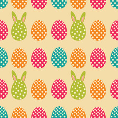 Flat Style Cute Cartoon Bunny Or Rabbit With Dotted Colorful Egg Shapes Seamless Beige Background. Happy Easter Day Concept.