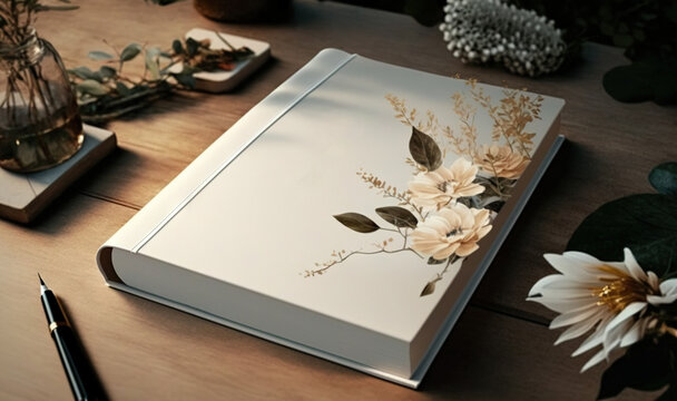  a book sitting on top of a wooden table next to flowers.  generative ai