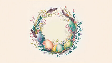 Fototapeta na wymiar Flat Style Colorful Egg Decorative Easter Wreath Against Cosmic Latte Background And Copy Space. Happy Easter Day Concept.