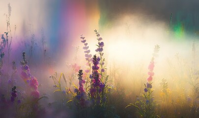 Fototapeta na wymiar a field of wildflowers with a rainbow in the background. generative ai