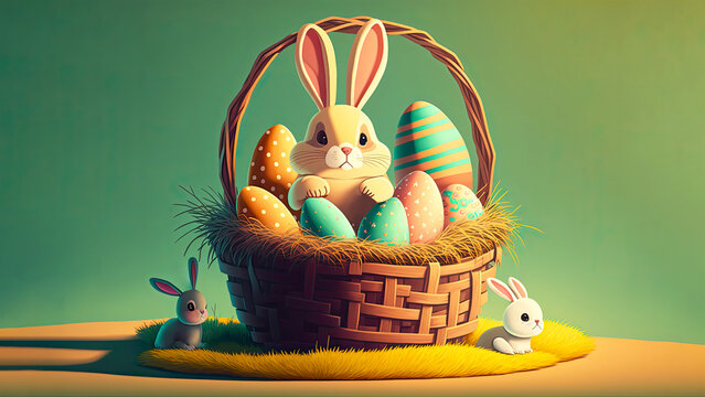 3D Render of Cute Baby Rabbits Or Bunnies Characters With Printed Eggs Basket On Grass And Copy Space. Happy Easter Day Background.