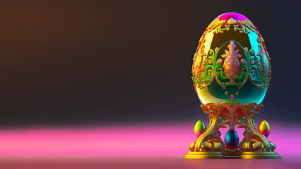 3D Render of Shiny Colorful Floral Easter Eggs Stand or Pedestal Against Pink And Brown Background And Copy Space. Happy Easter Day Concept.