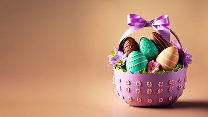 3D Render of Colorful Egg Shapes, Flowers inside Basket With Pink Silk Bow Ribbon On Pastel Brown Background And Copy Space. Happy Easter Day Concept.