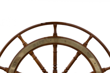 Wooden and brass sailboat rudder isolated on transparent background with space for text.