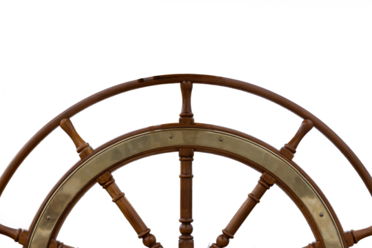 Wooden and brass sailboat rudder isolated on transparent background with space for text.