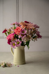 Beautiful fresh flowers. Pink bouquet of flowers in vase.