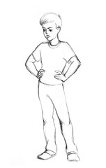 The dissatisfied boy stands with his hands on his hips. Pencil drawing