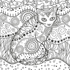 Abstract pattern with ornate cat. Square mandala. Hand drawn patterns on isolation background. Design for spiritual relaxation for adults. Black and white illustration for coloring