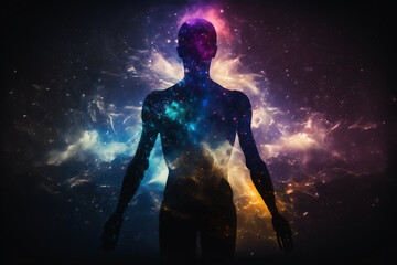 Fototapeta na wymiar Astral body silhouette with abstract space background, ai generated, Generative AI