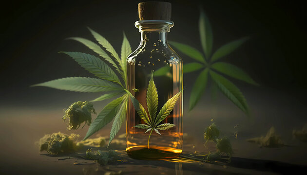 CBD Oil glass bottle with Marijuana leaves , Cannabis liquid, Generative AI Technology