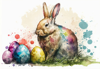 Easter bunny with eggs.  Easter postcard. Easter card with rabbits. Generative AI