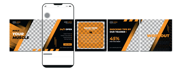 Carousel post design template. Gym instagram microblog carousel post. Editable social media carousel post for fitness center.  © Graphaxil