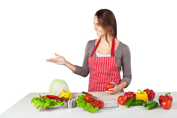 Young beautiful woman Cooking on white background