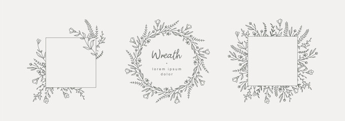 Elegant floral frames. Hand drawn flowers for logo template in line art. Vintage botanical wreath. Vector illustration for label, branding, wedding invitation
